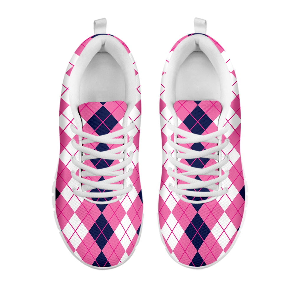 Pink White And Blue Argyle Pattern Print White Sneakers