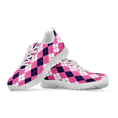 Pink White And Blue Argyle Pattern Print White Sneakers