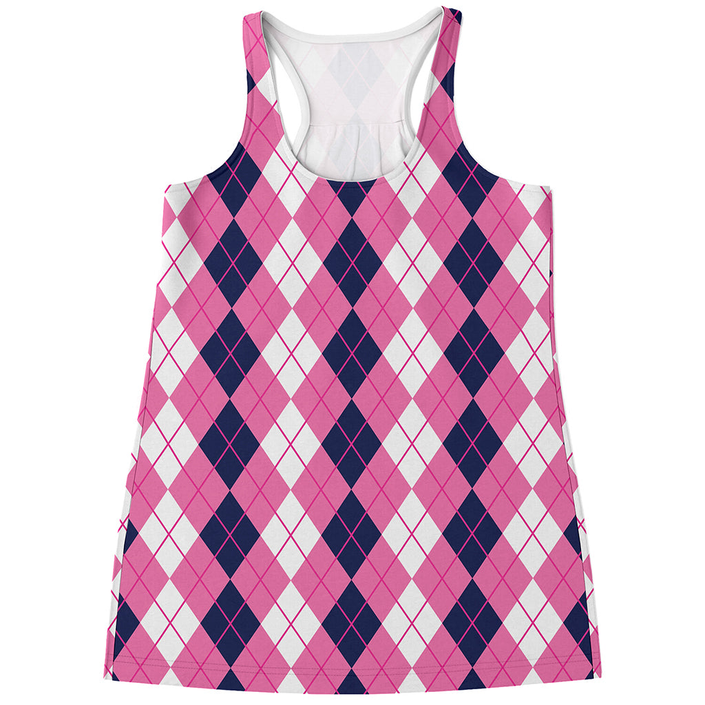 Pink White And Blue Argyle Pattern Print Women's Racerback Tank Top