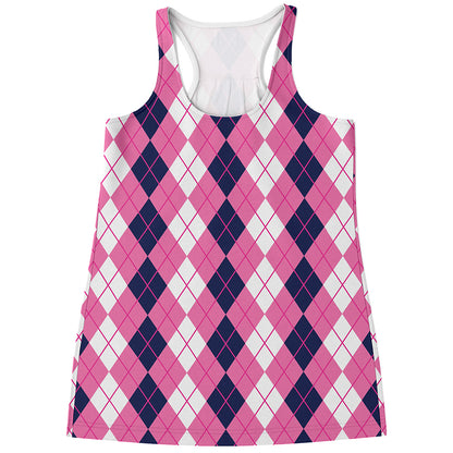 Pink White And Blue Argyle Pattern Print Women's Racerback Tank Top