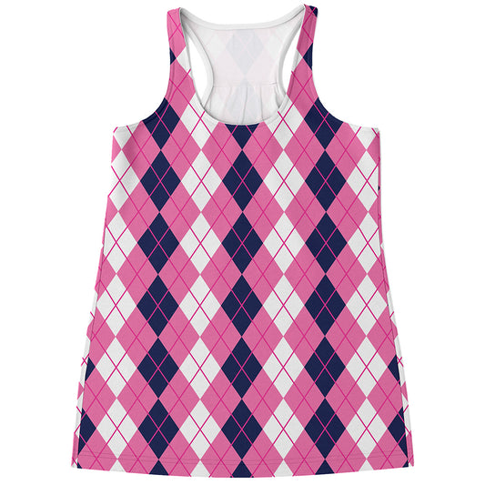 Pink White And Blue Argyle Pattern Print Women's Racerback Tank Top