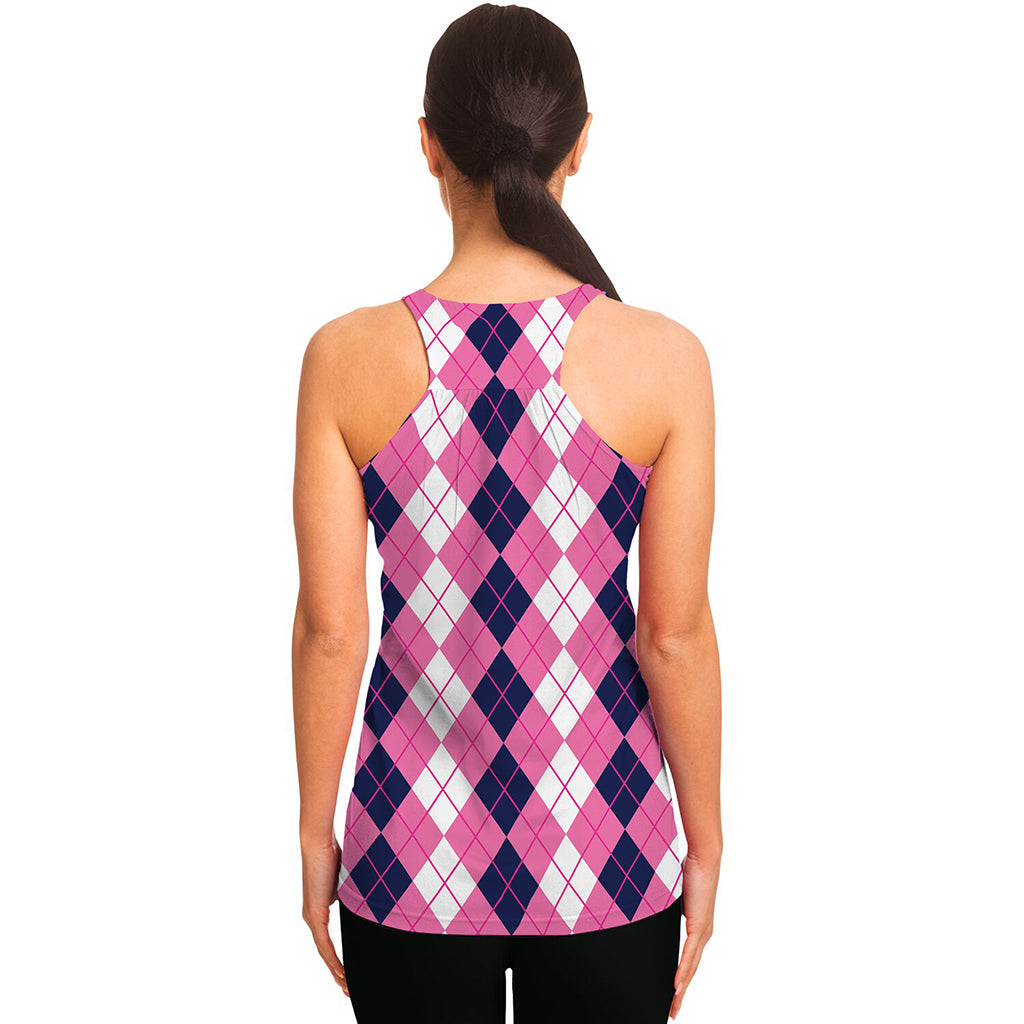 Pink White And Blue Argyle Pattern Print Women's Racerback Tank Top