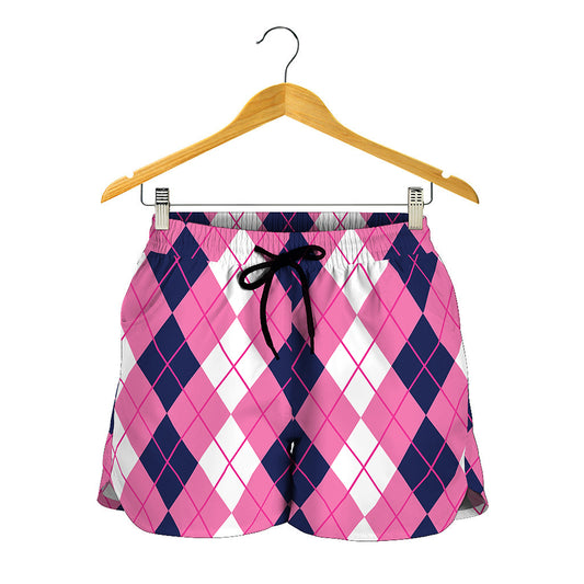 Pink White And Blue Argyle Pattern Print Women's Shorts