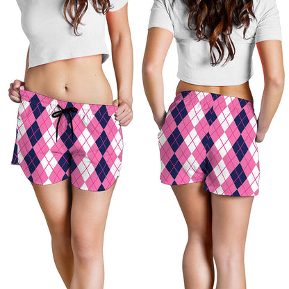 Pink White And Blue Argyle Pattern Print Women's Shorts