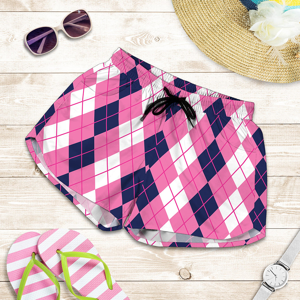 Pink White And Blue Argyle Pattern Print Women's Shorts