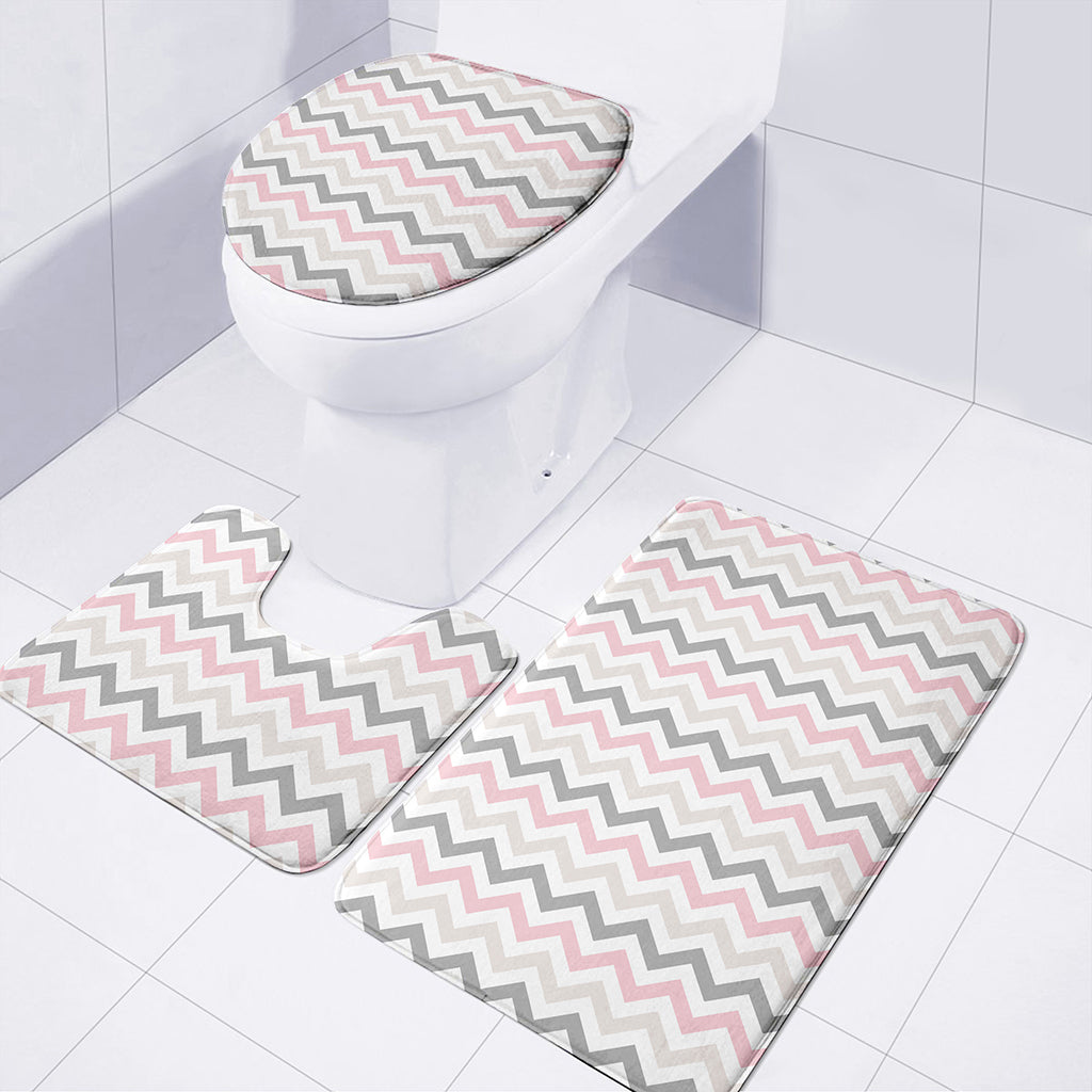Pink White And Grey Chevron Print 3 Piece Bath Mat Set