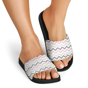 Pink White And Grey Chevron Print Black Slide Sandals
