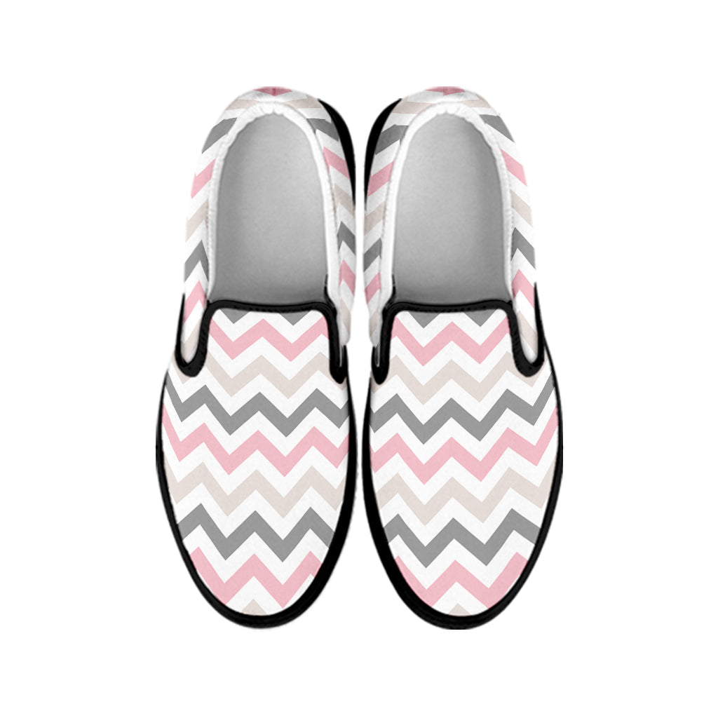Pink White And Grey Chevron Print Black Slip On Shoes
