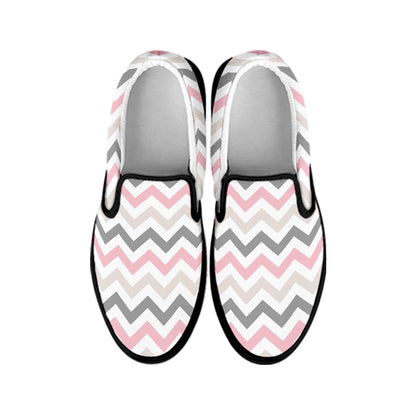 Pink White And Grey Chevron Print Black Slip On Shoes