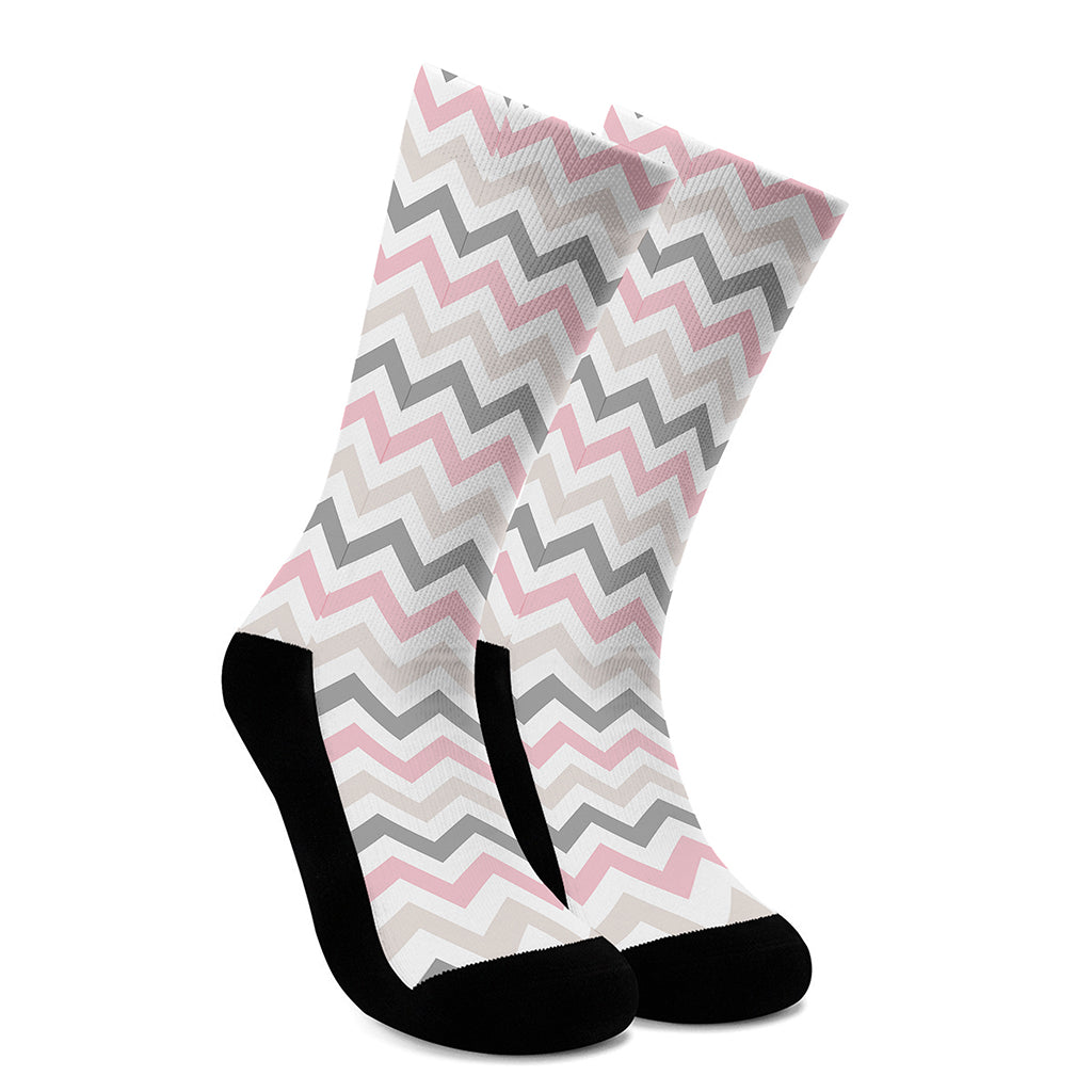 Pink White And Grey Chevron Print Crew Socks