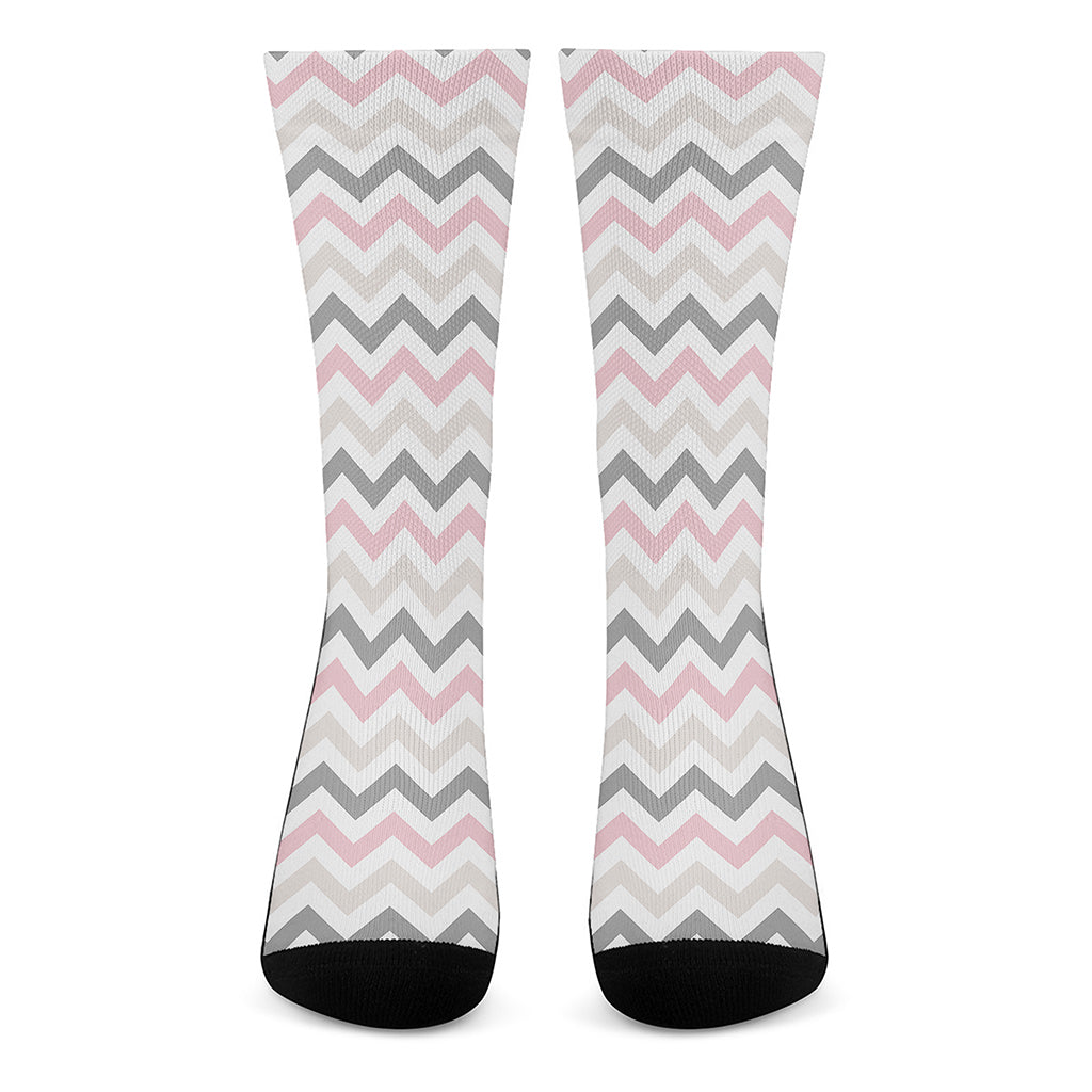 Pink White And Grey Chevron Print Crew Socks