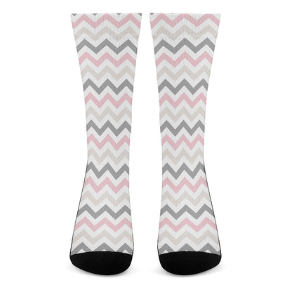 Pink White And Grey Chevron Print Crew Socks
