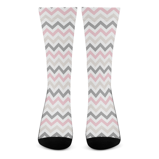 Pink White And Grey Chevron Print Crew Socks
