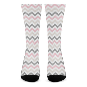 Pink White And Grey Chevron Print Crew Socks