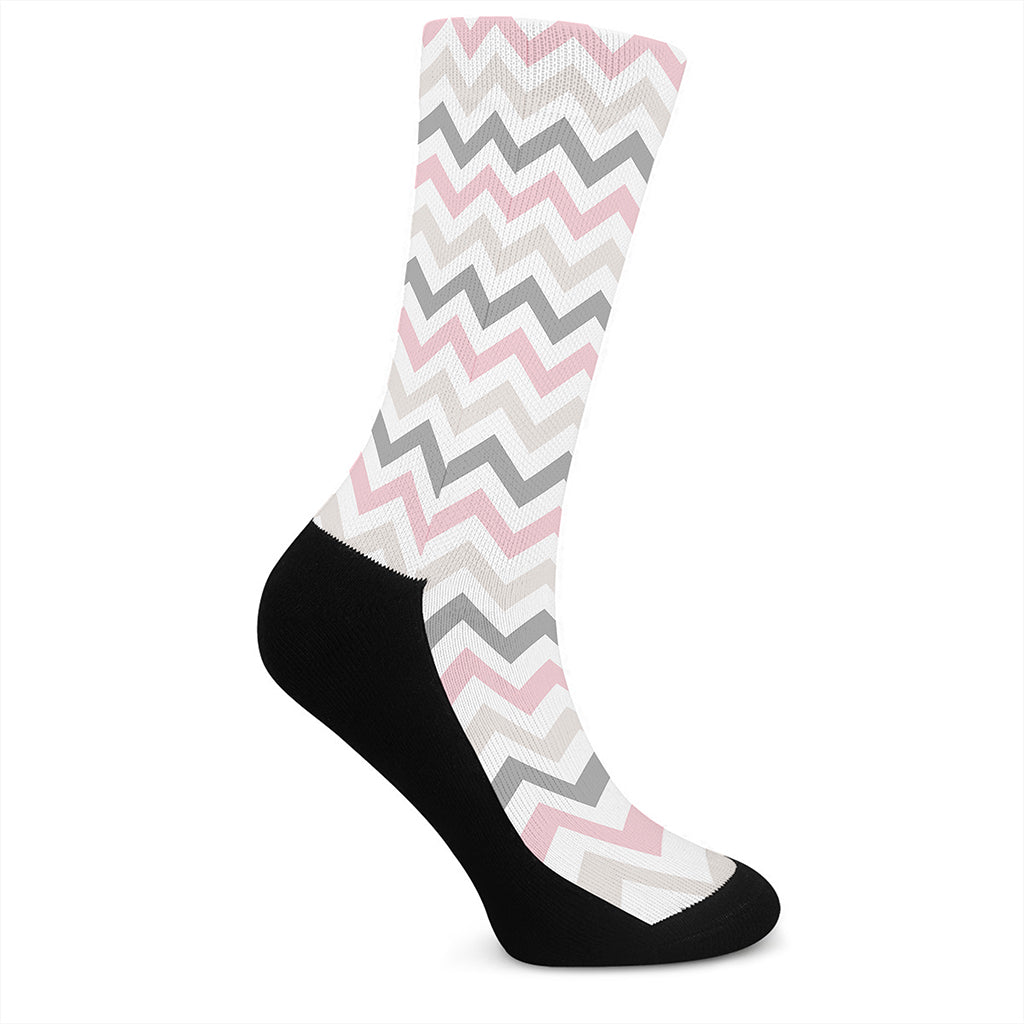 Pink White And Grey Chevron Print Crew Socks