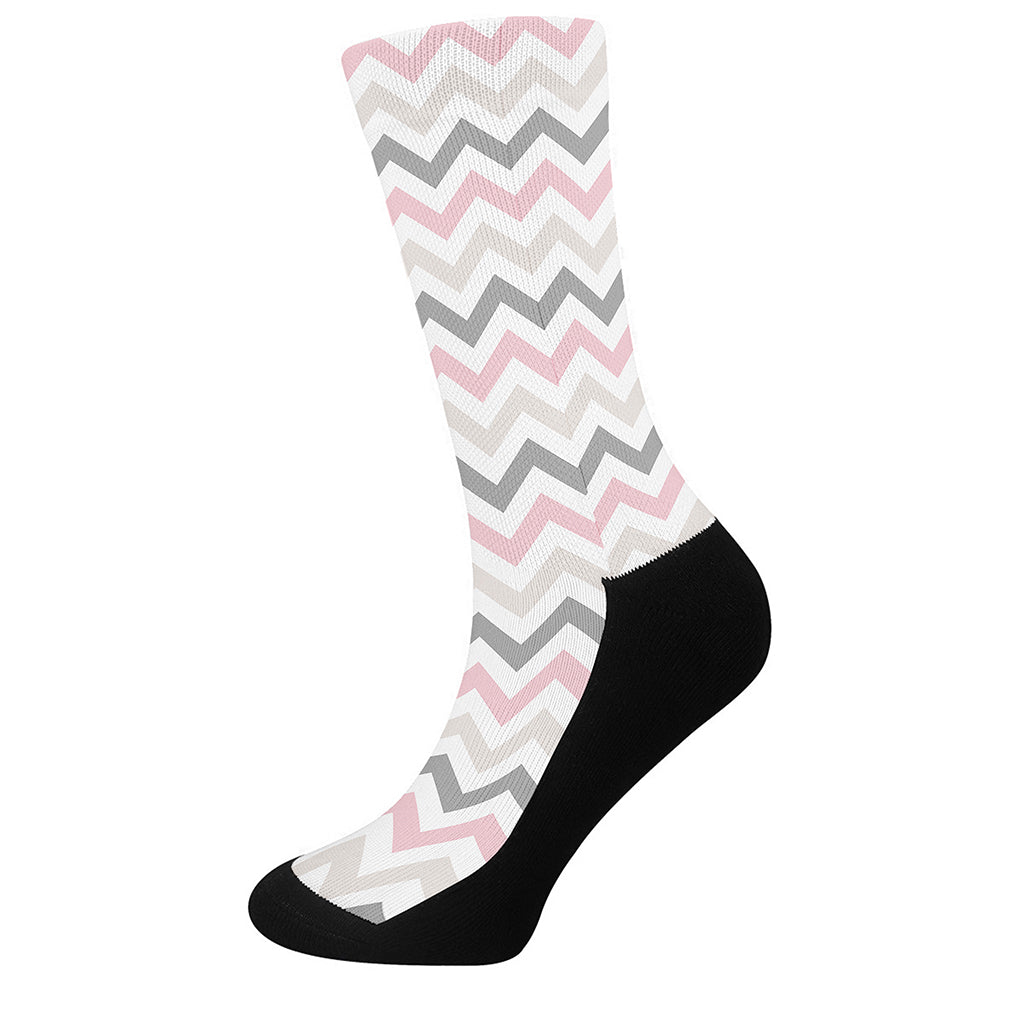 Pink White And Grey Chevron Print Crew Socks
