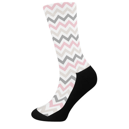Pink White And Grey Chevron Print Crew Socks