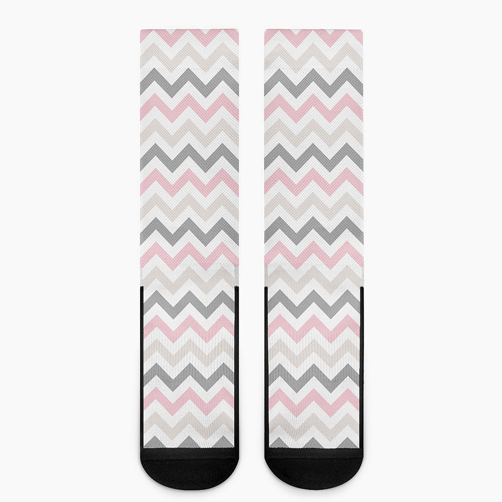 Pink White And Grey Chevron Print Crew Socks