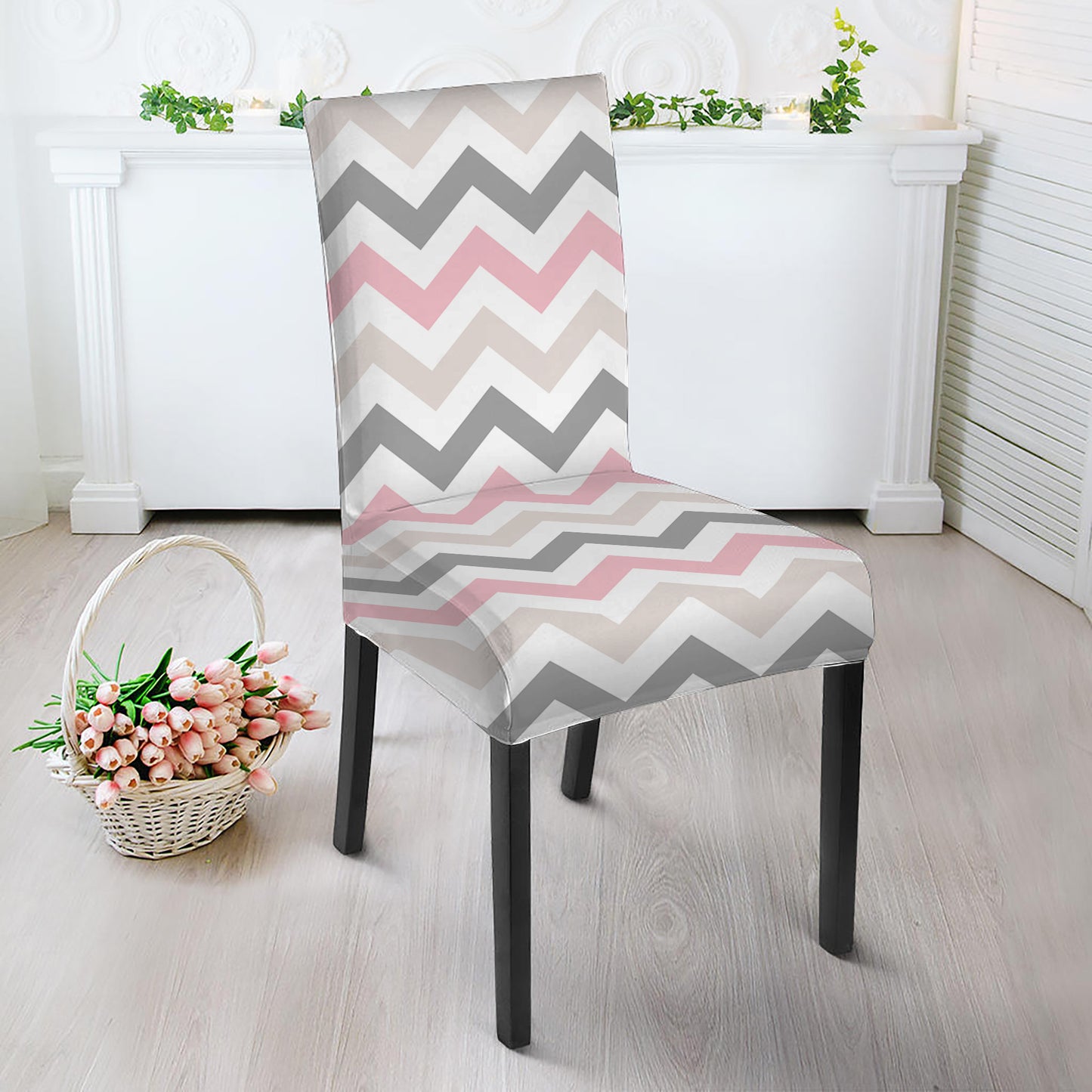Pink White And Grey Chevron Print Dining Chair Slipcover