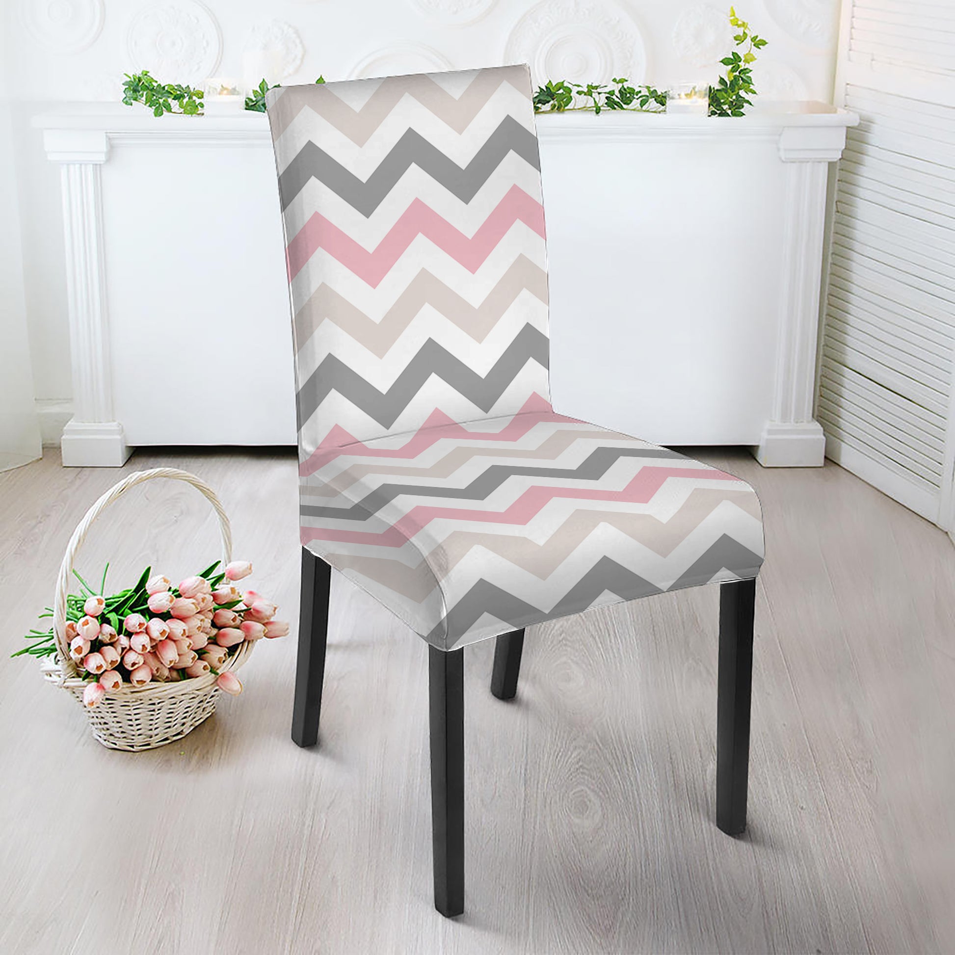 Pink White And Grey Chevron Print Dining Chair Slipcover