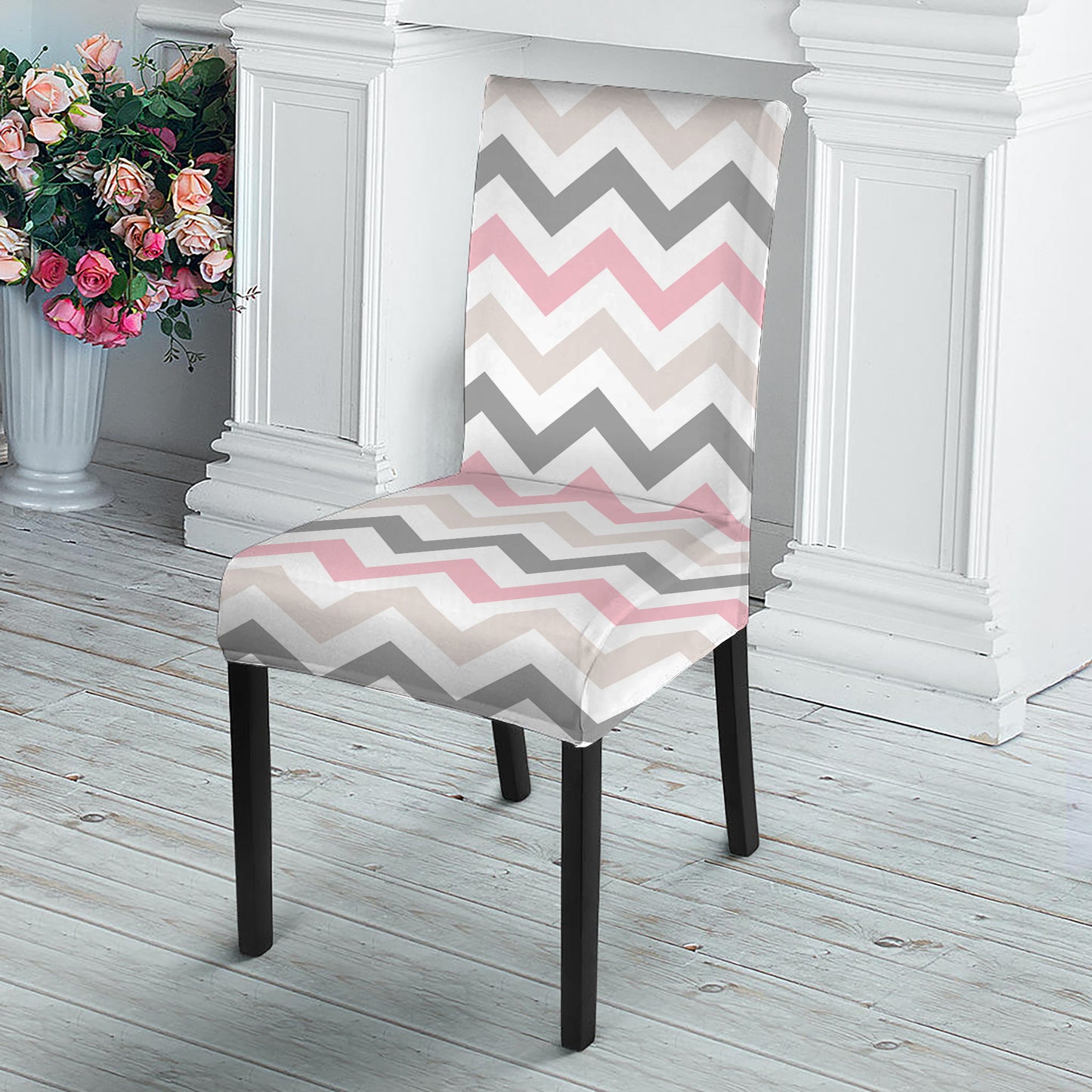 Pink White And Grey Chevron Print Dining Chair Slipcover