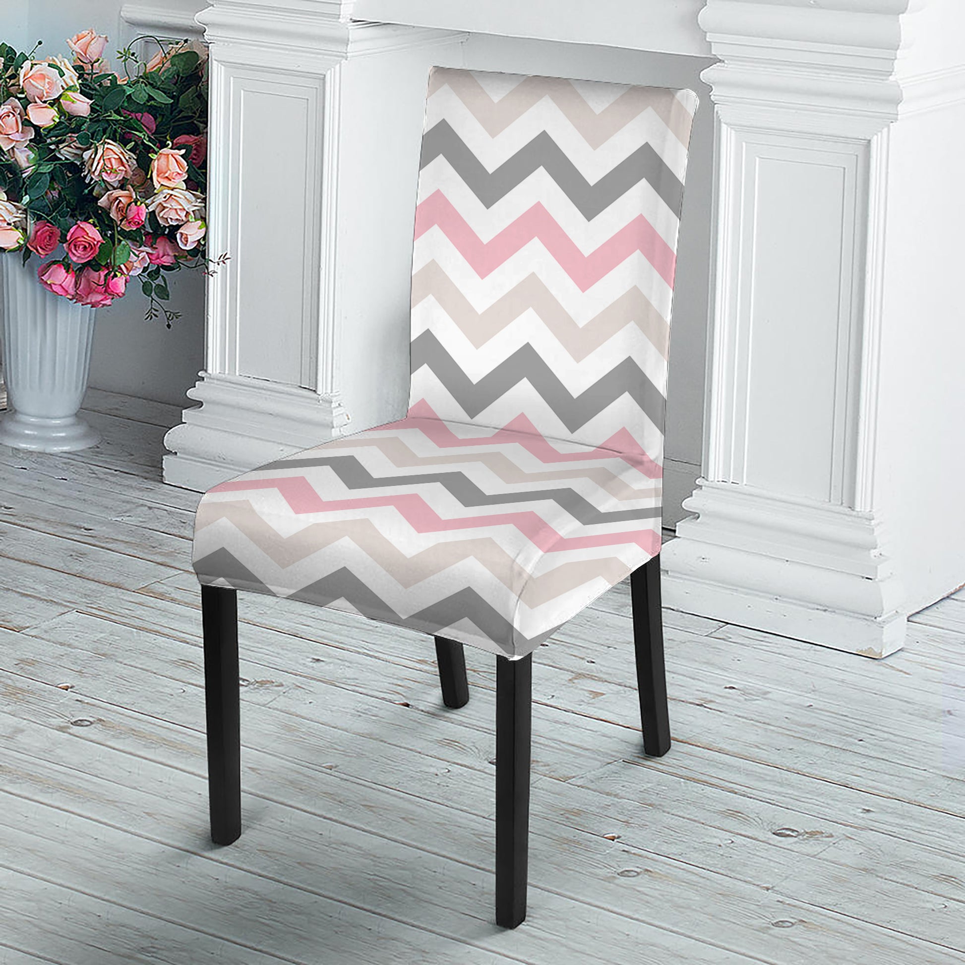 Pink White And Grey Chevron Print Dining Chair Slipcover