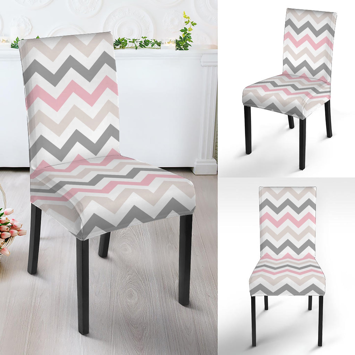 Pink White And Grey Chevron Print Dining Chair Slipcover