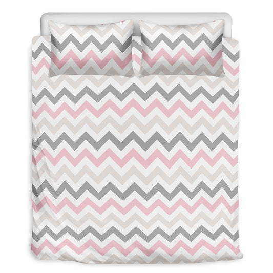 Pink White And Grey Chevron Print Duvet Cover Bedding Set