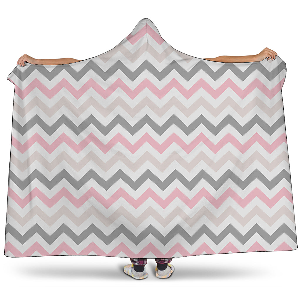 Pink White And Grey Chevron Print Hooded Blanket