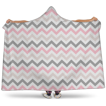 Pink White And Grey Chevron Print Hooded Blanket