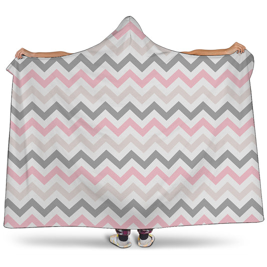 Pink White And Grey Chevron Print Hooded Blanket