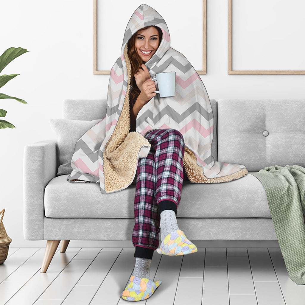 Pink White And Grey Chevron Print Hooded Blanket
