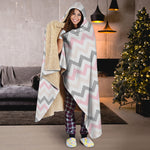 Pink White And Grey Chevron Print Hooded Blanket