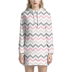 Pink White And Grey Chevron Print Hoodie Dress