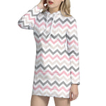 Pink White And Grey Chevron Print Hoodie Dress