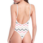 Pink White And Grey Chevron Print One Piece High Cut Swimsuit