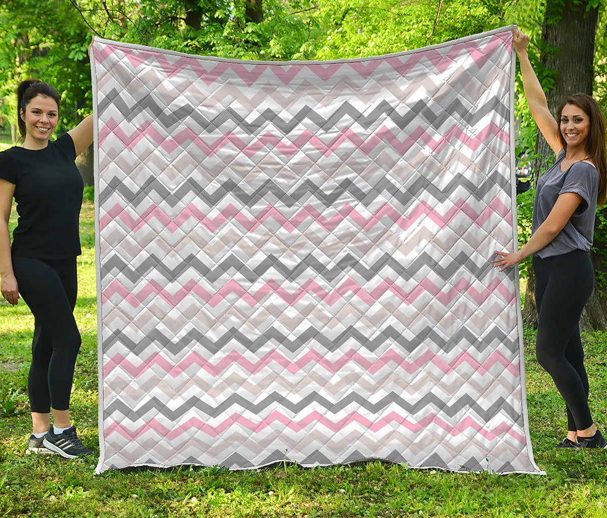 Pink White And Grey Chevron Print Quilt