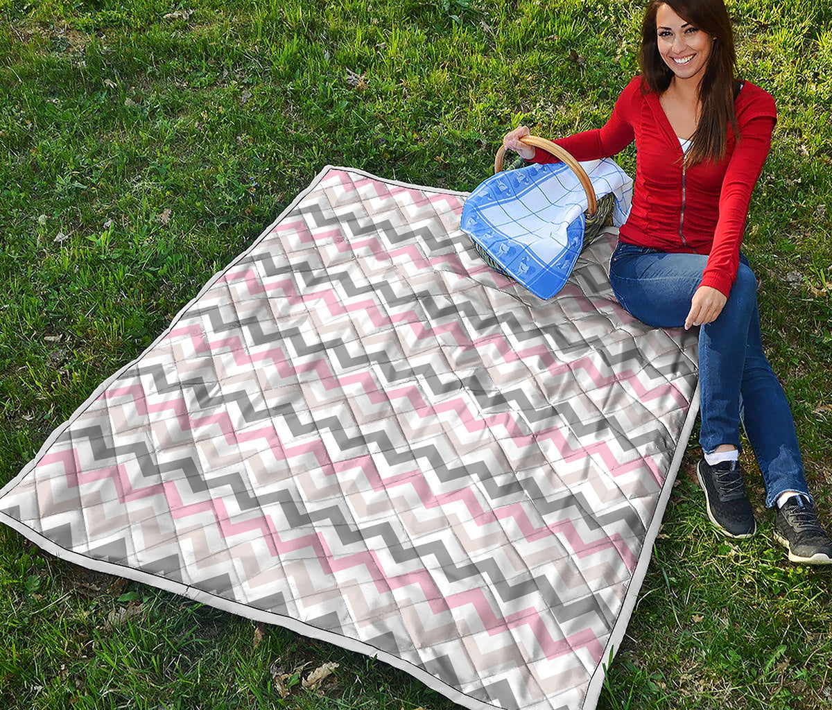 Pink White And Grey Chevron Print Quilt