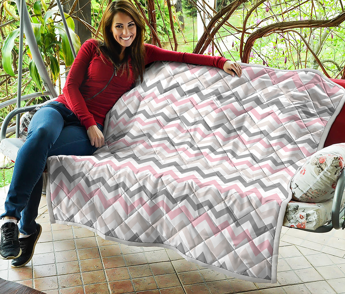 Pink White And Grey Chevron Print Quilt