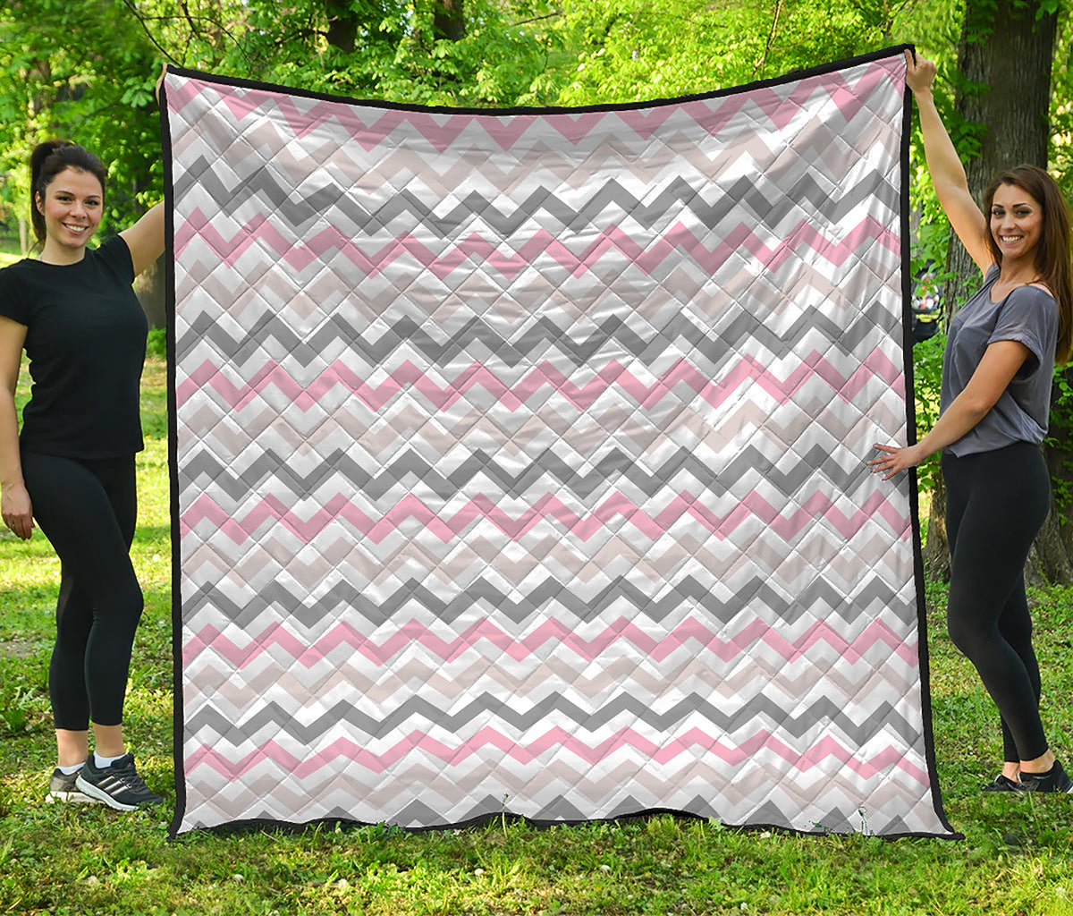 Pink White And Grey Chevron Print Quilt