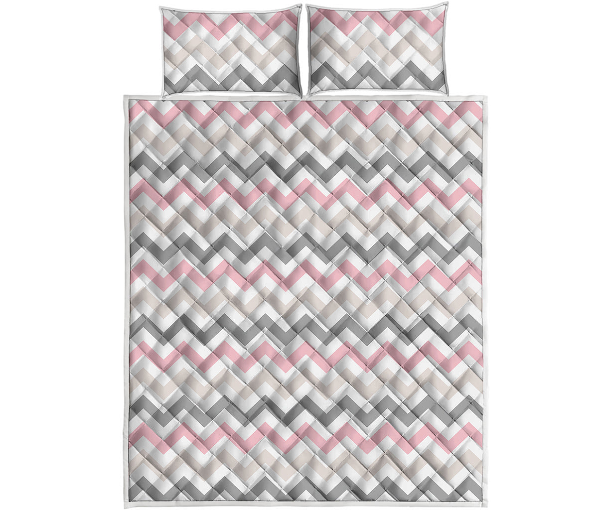 Pink White And Grey Chevron Print Quilt Bed Set