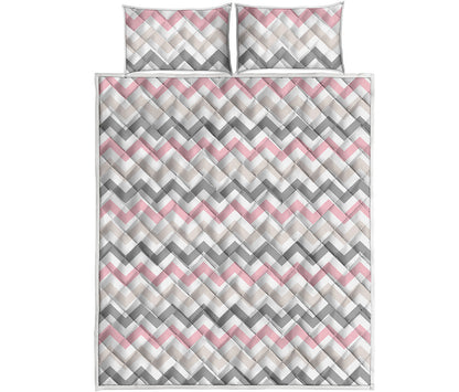 Pink White And Grey Chevron Print Quilt Bed Set