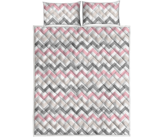 Pink White And Grey Chevron Print Quilt Bed Set