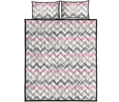 Pink White And Grey Chevron Print Quilt Bed Set