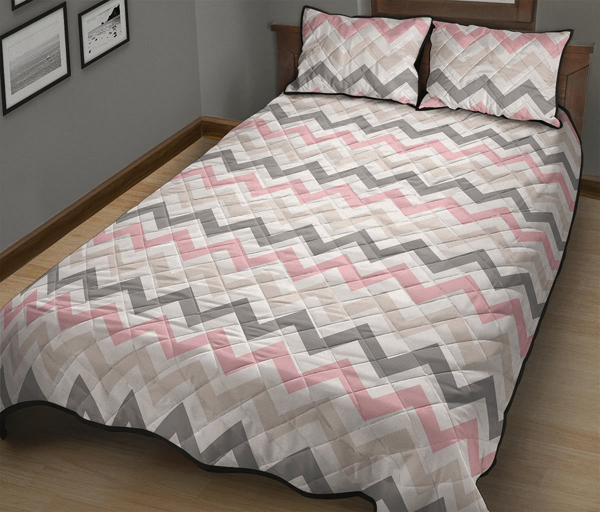 Pink White And Grey Chevron Print Quilt Bed Set
