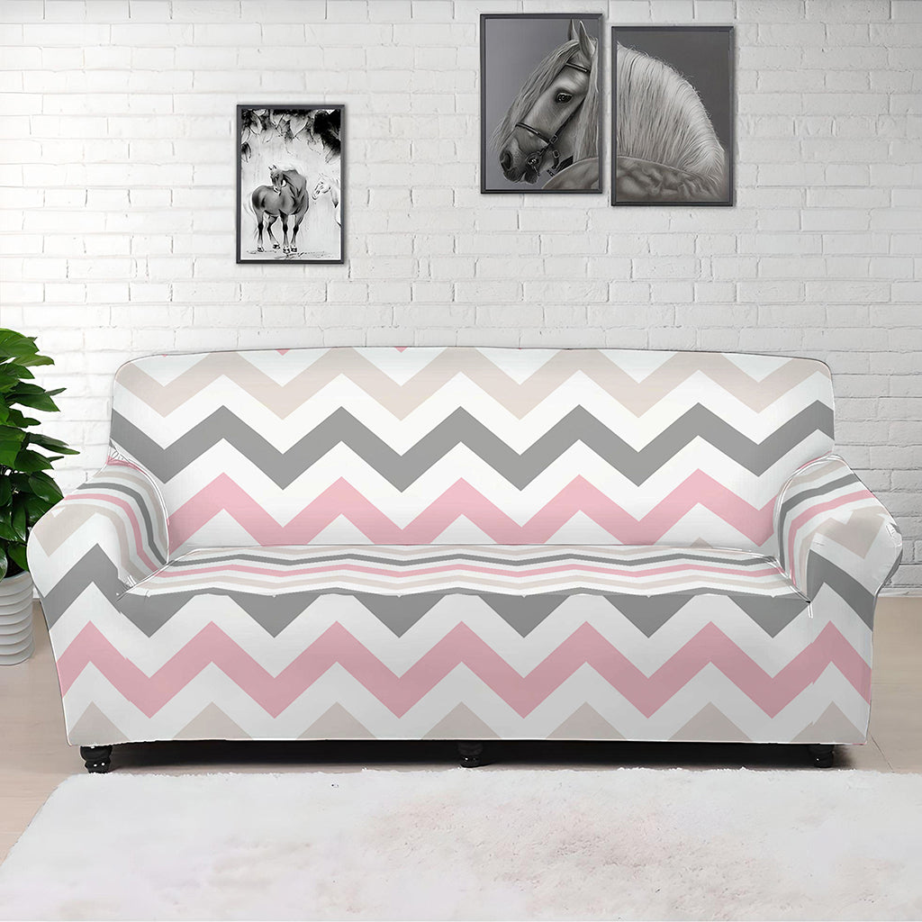 Pink White And Grey Chevron Print Sofa Cover