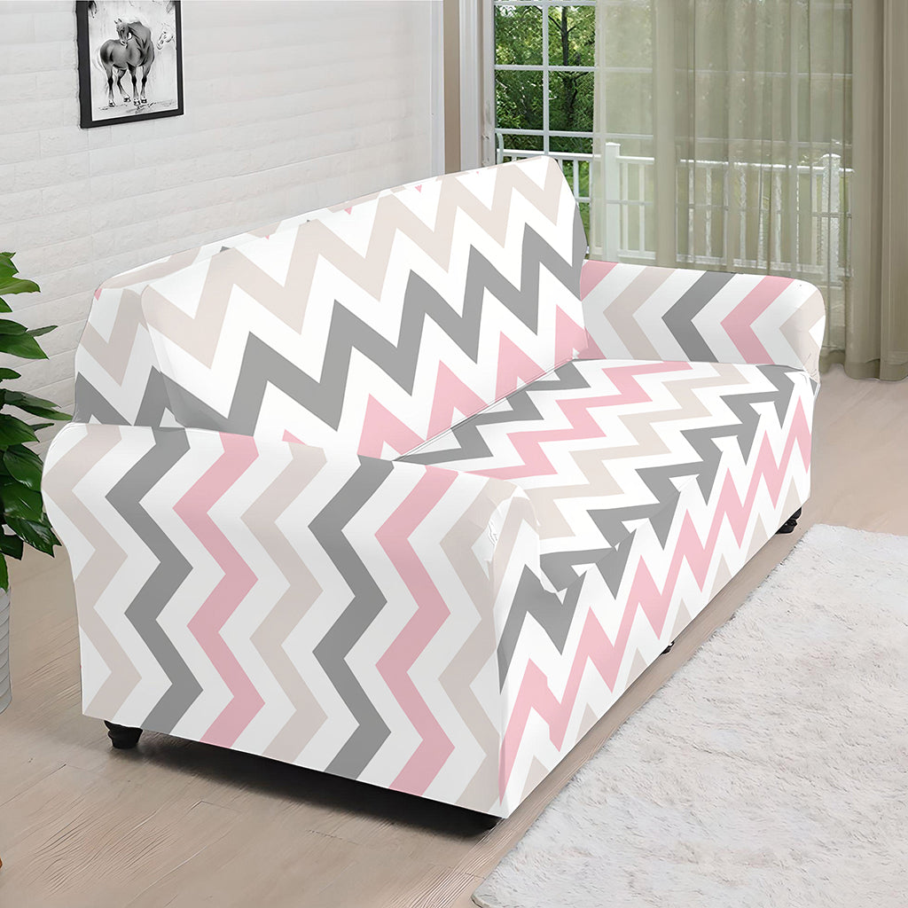 Pink White And Grey Chevron Print Sofa Cover