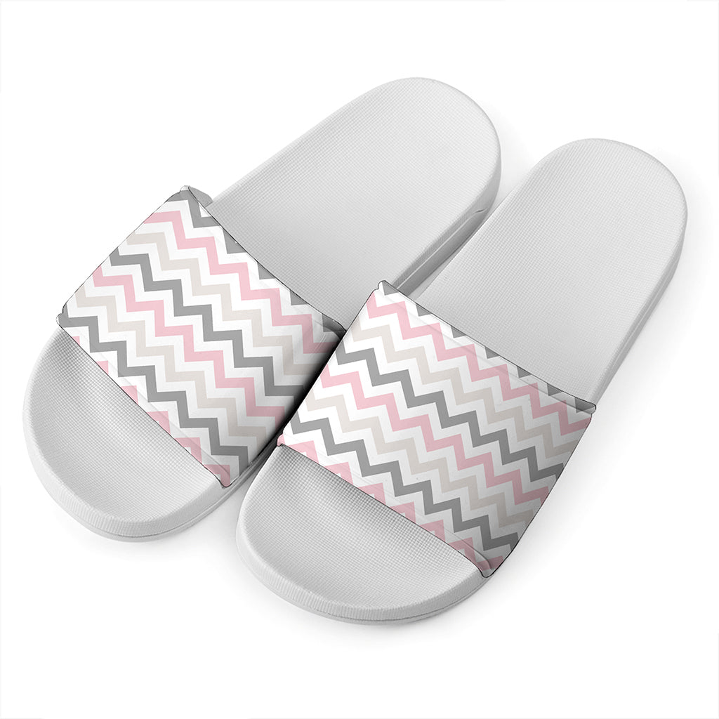 Pink White And Grey Chevron Print White Slide Sandals