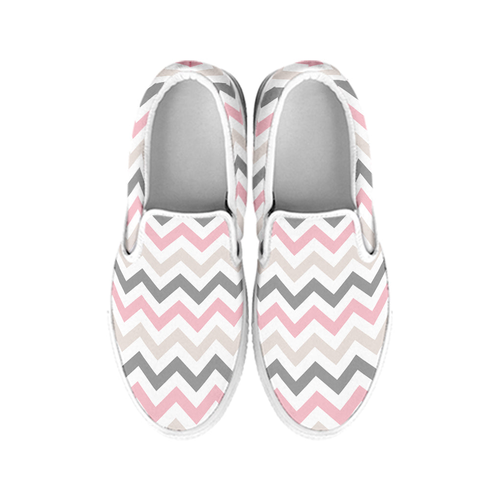 Pink White And Grey Chevron Print White Slip On Shoes