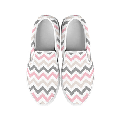 Pink White And Grey Chevron Print White Slip On Shoes